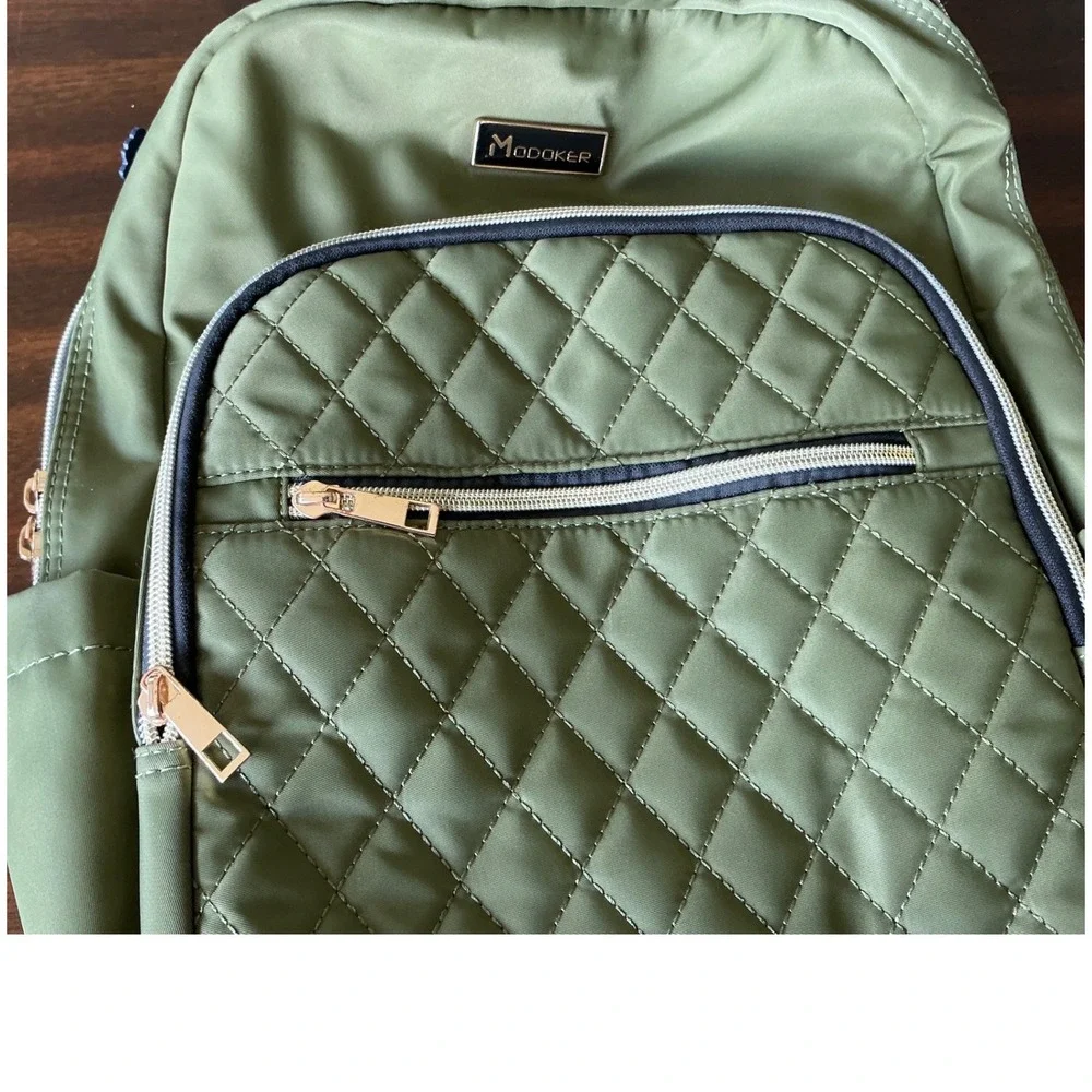 Modoker Laptop Backpack Quilted Olive Green USB Charging Port Large Professional